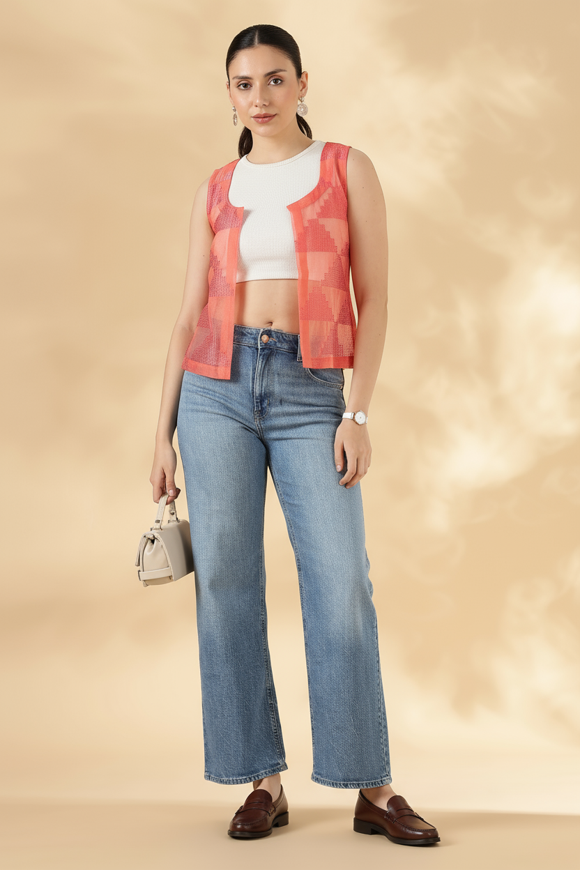 Kota Doria Peach Cover up Sheer Vest