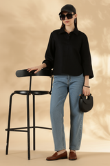 Pure Linen Black Loose fit Polo with 3/4th bell Sleeves