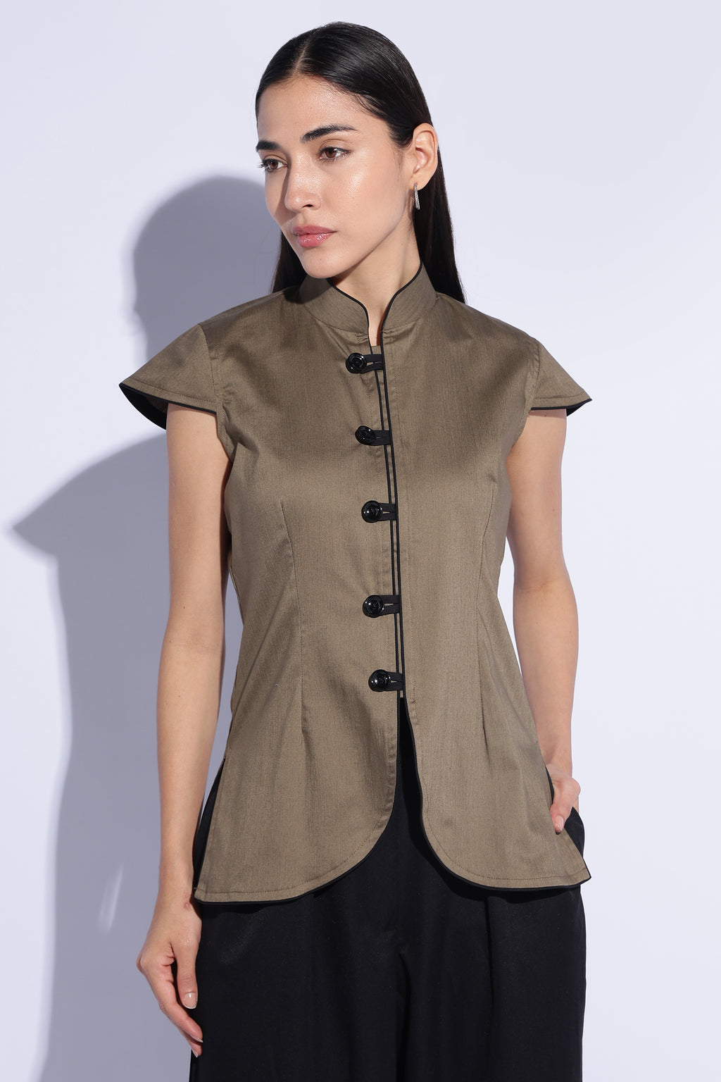 Olive Contrast Mandarin Top