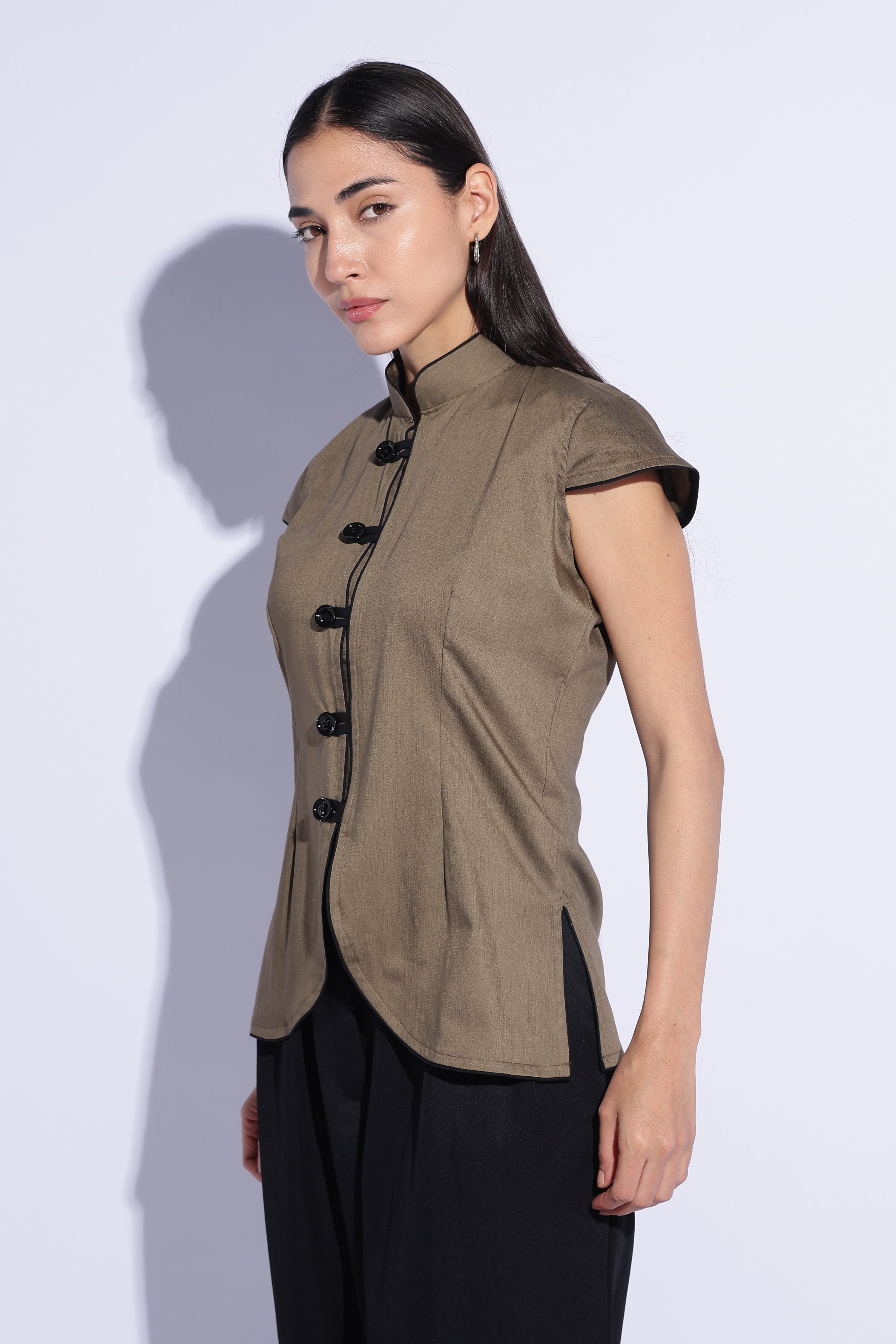 Olive Contrast Mandarin Top