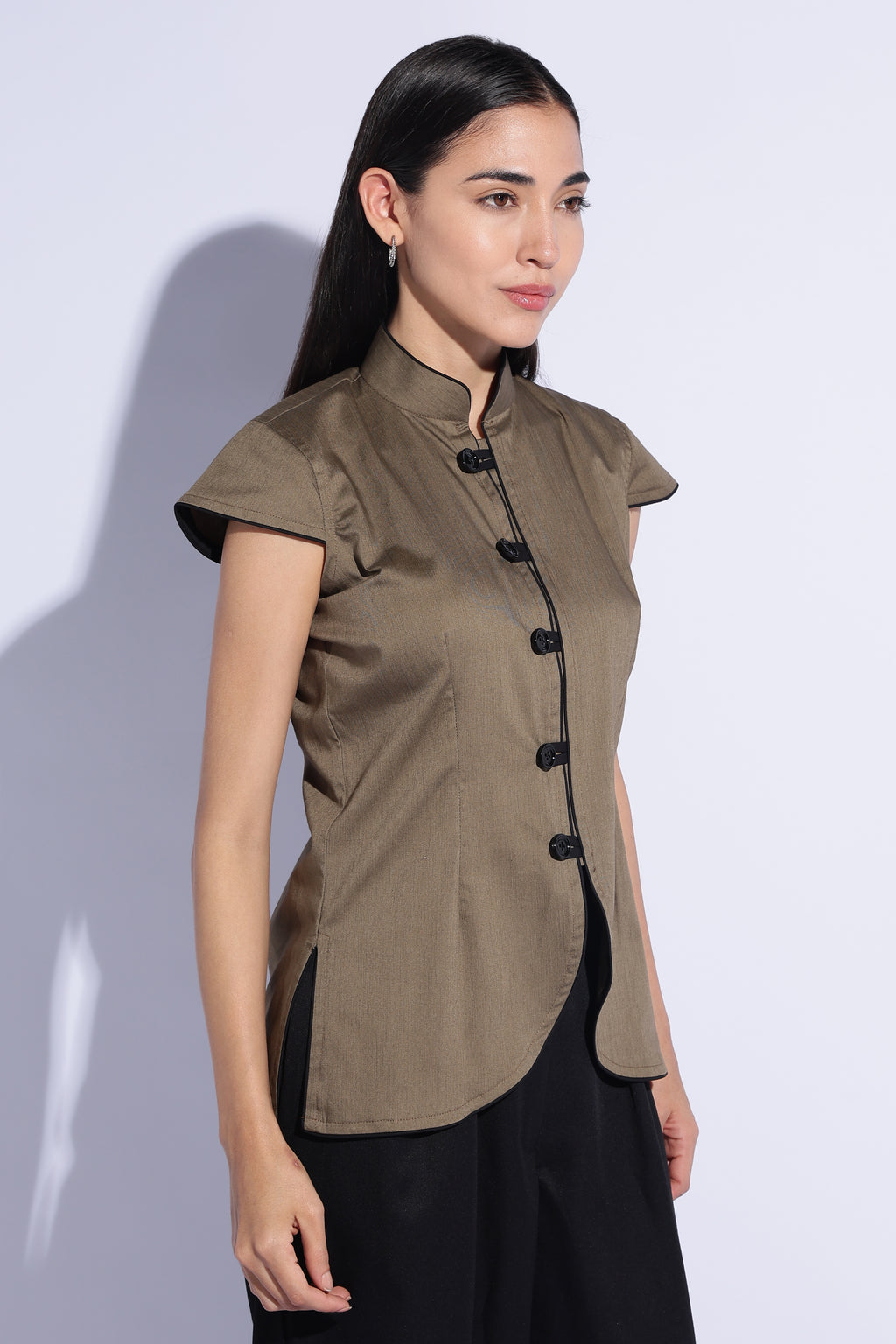 Olive Contrast Mandarin Top