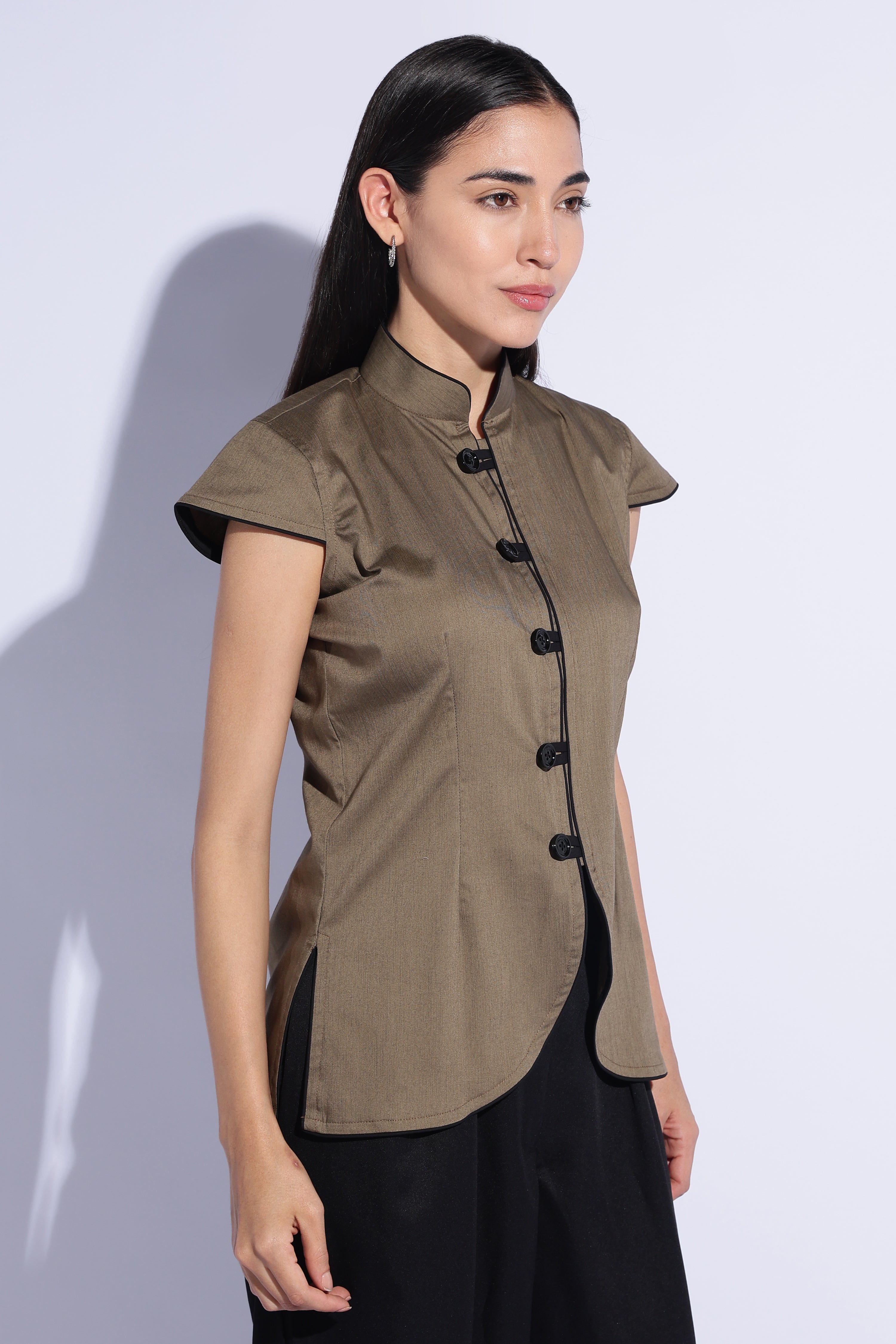 Olive Contrast Mandarin Top