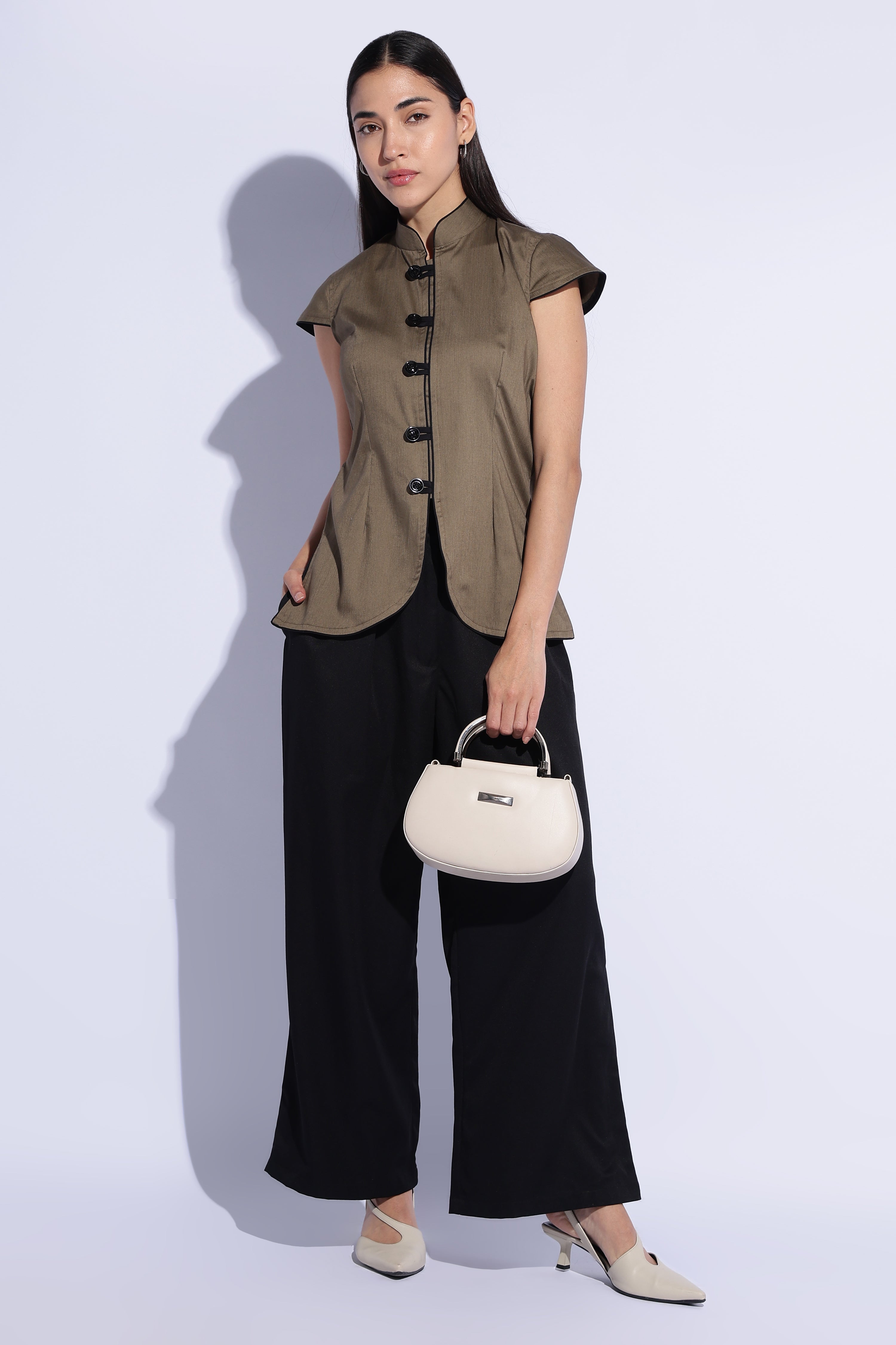Olive Contrast Mandarin Top
