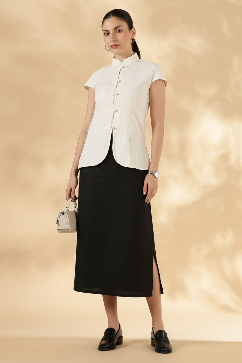 Cream Stretch khadi Mandarin style top