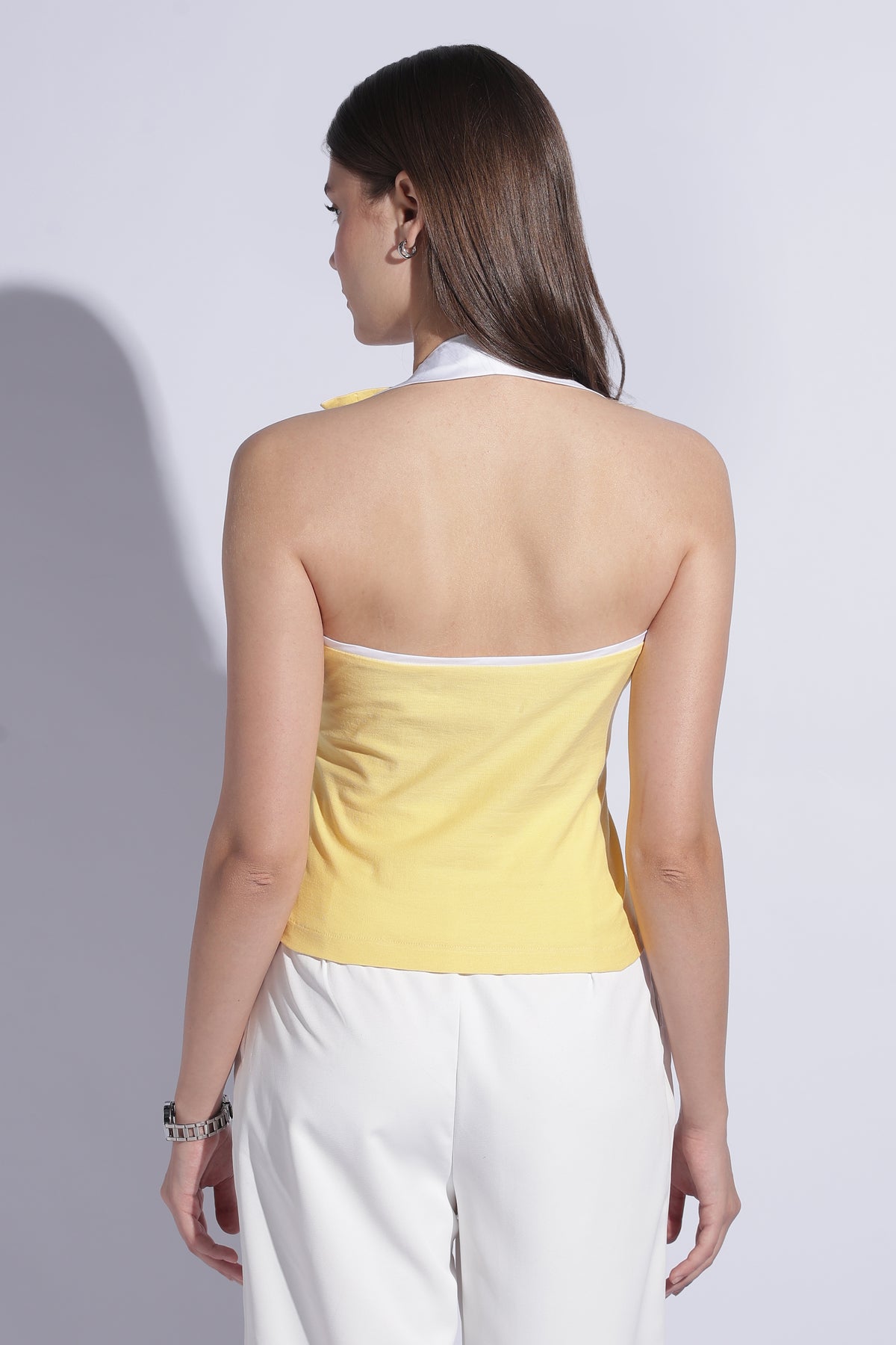 Butter Yellow Contrast Collar Halter Top