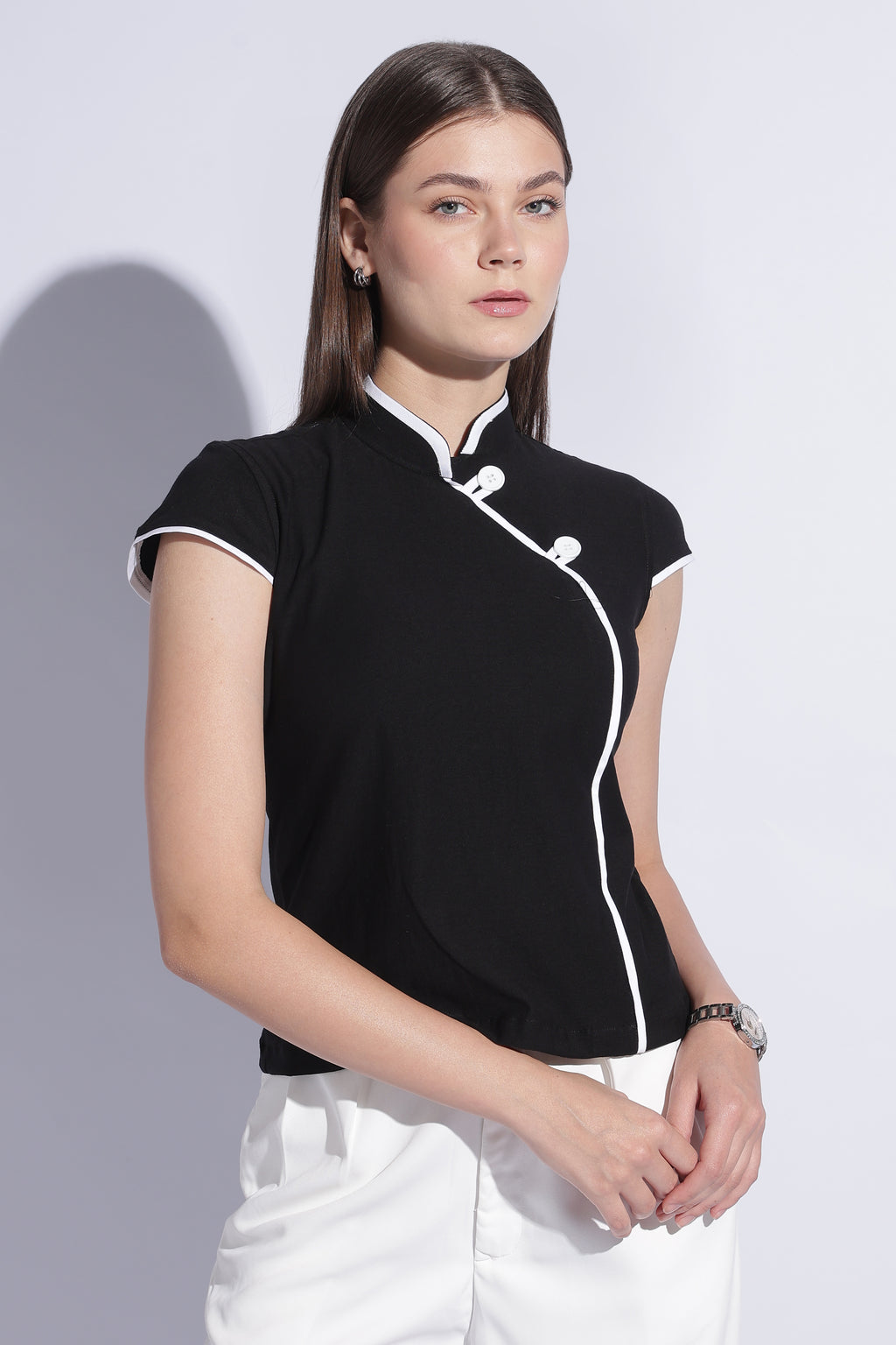 Contrast Mandarin Jersey Top