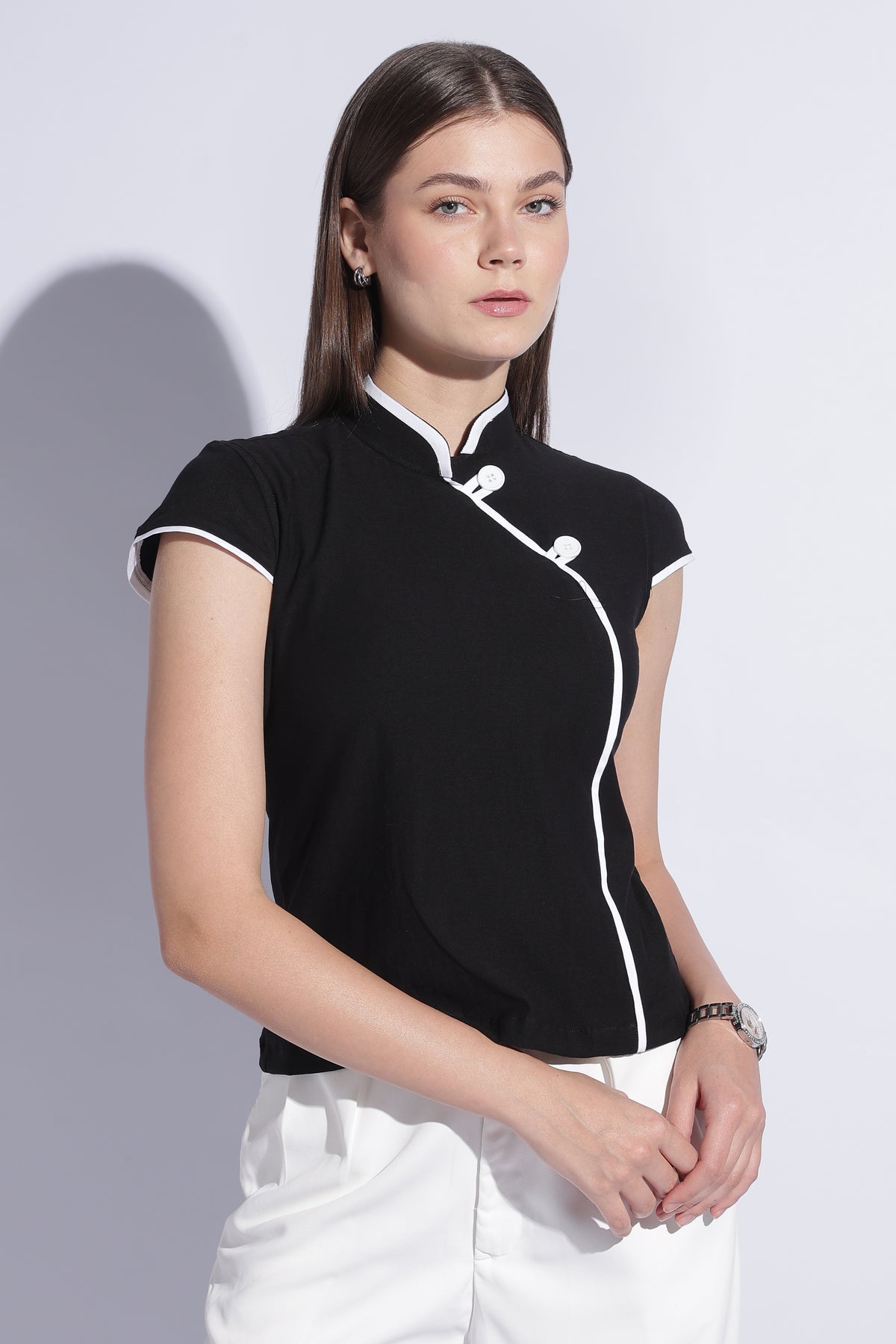 Contrast Mandarin Jersey Top